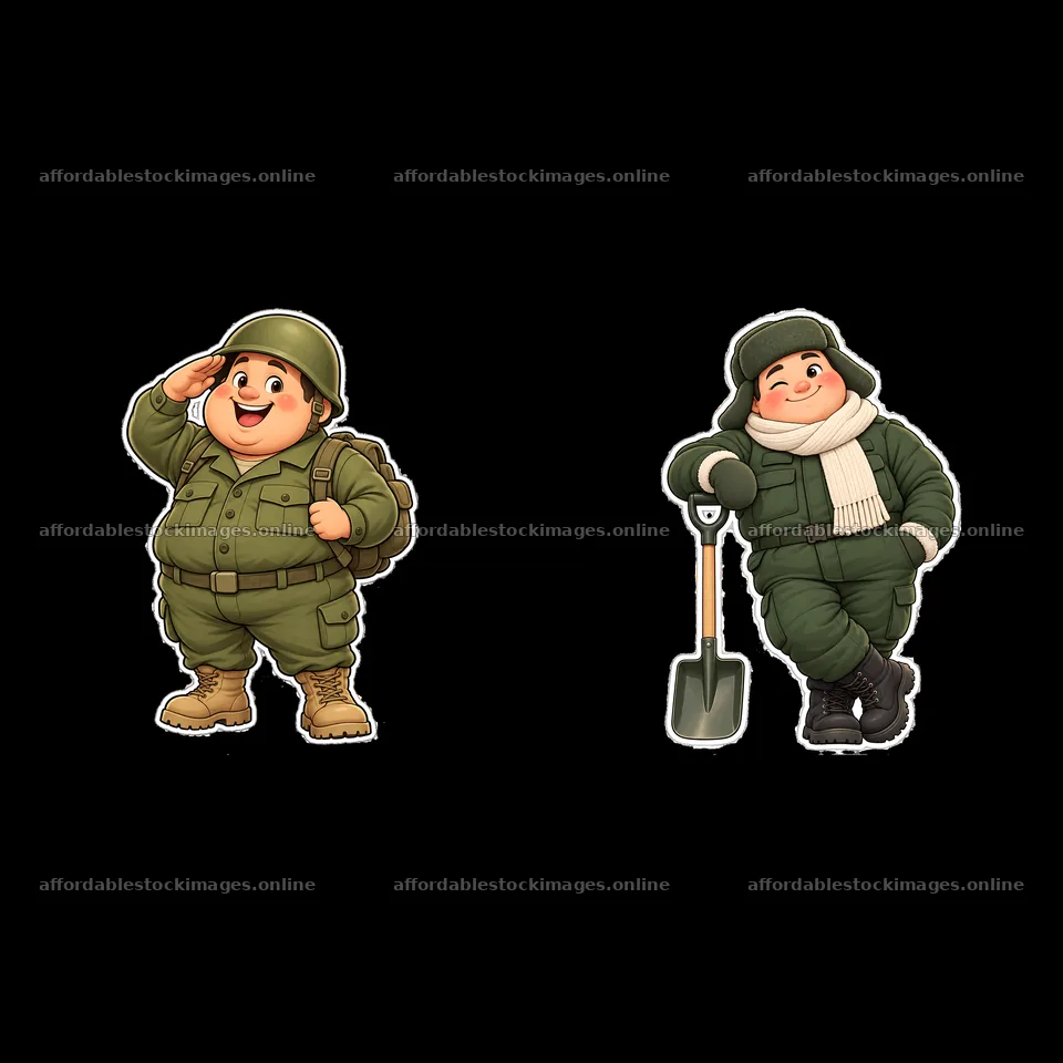 Cute chubby soldier stickers in playful saluting and relaxing – stock images 7746x7746