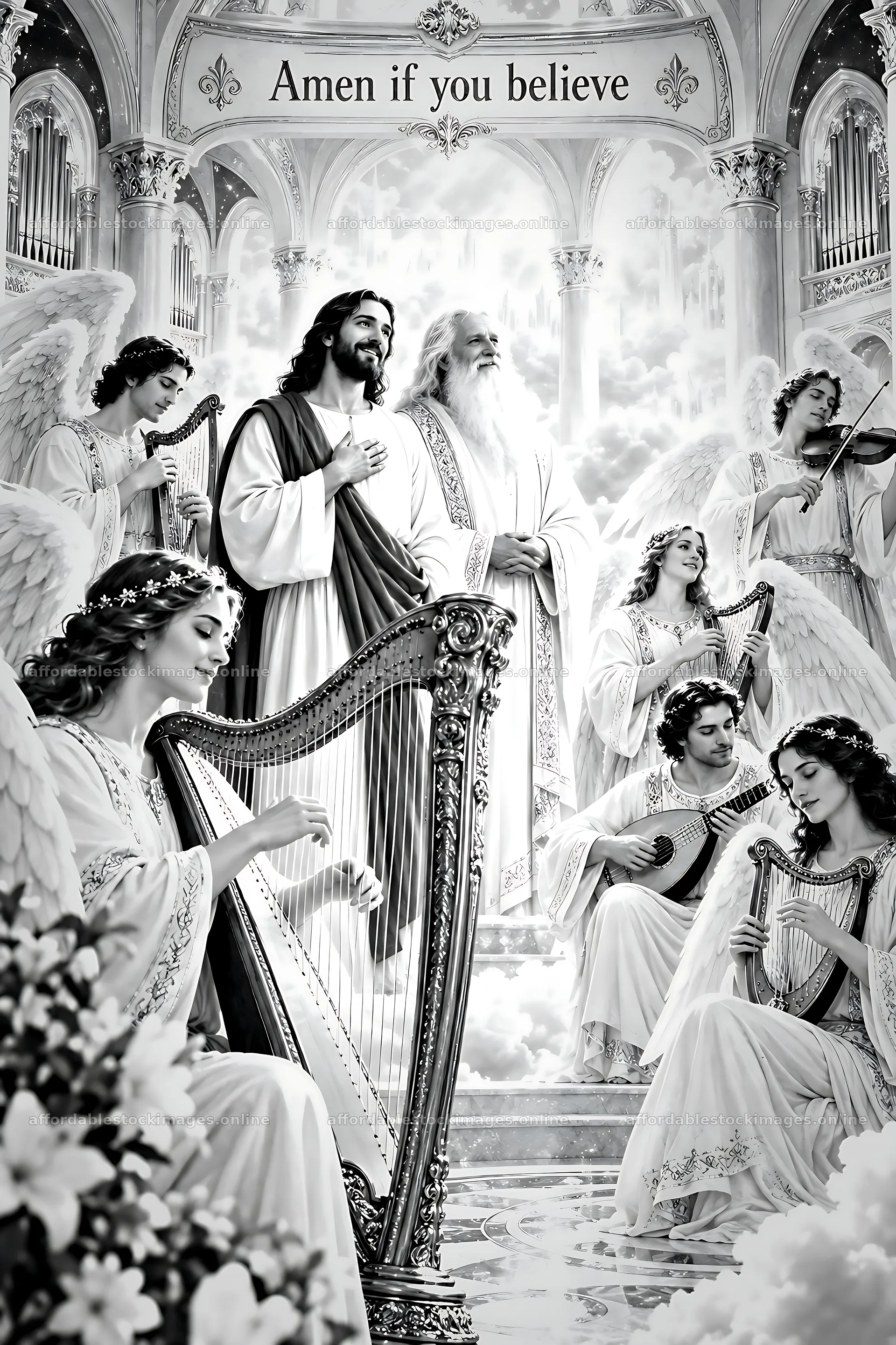Angels performing music in the Hall of Sacred Music – stock images 6480x9722