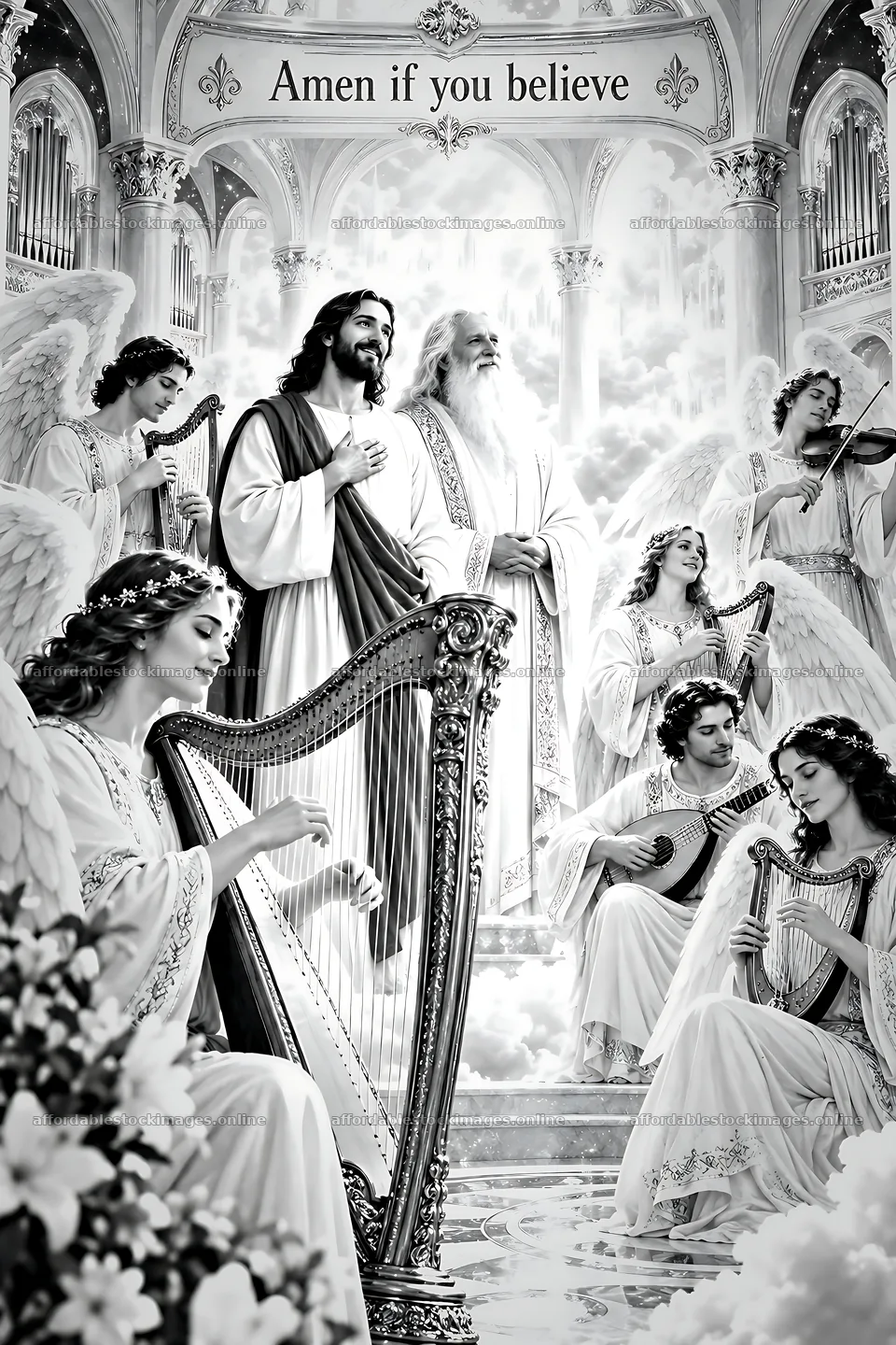 Angels performing music in the Hall of Sacred Music – stock images 6480x9722