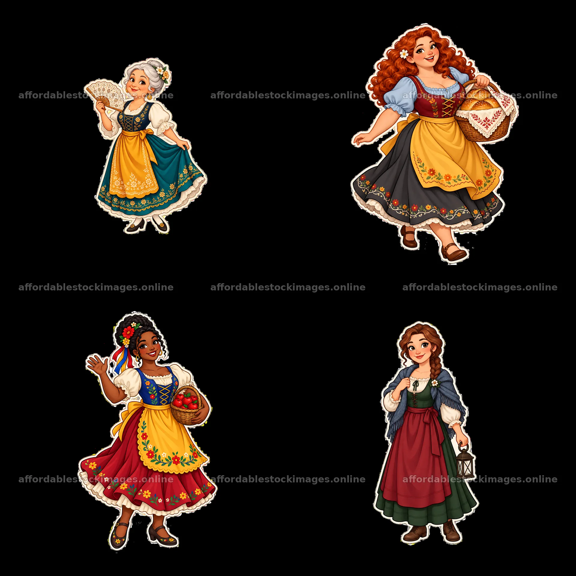 Women in traditional folk dress with accessories in a 2x2 layout – stock images 7746x7746
