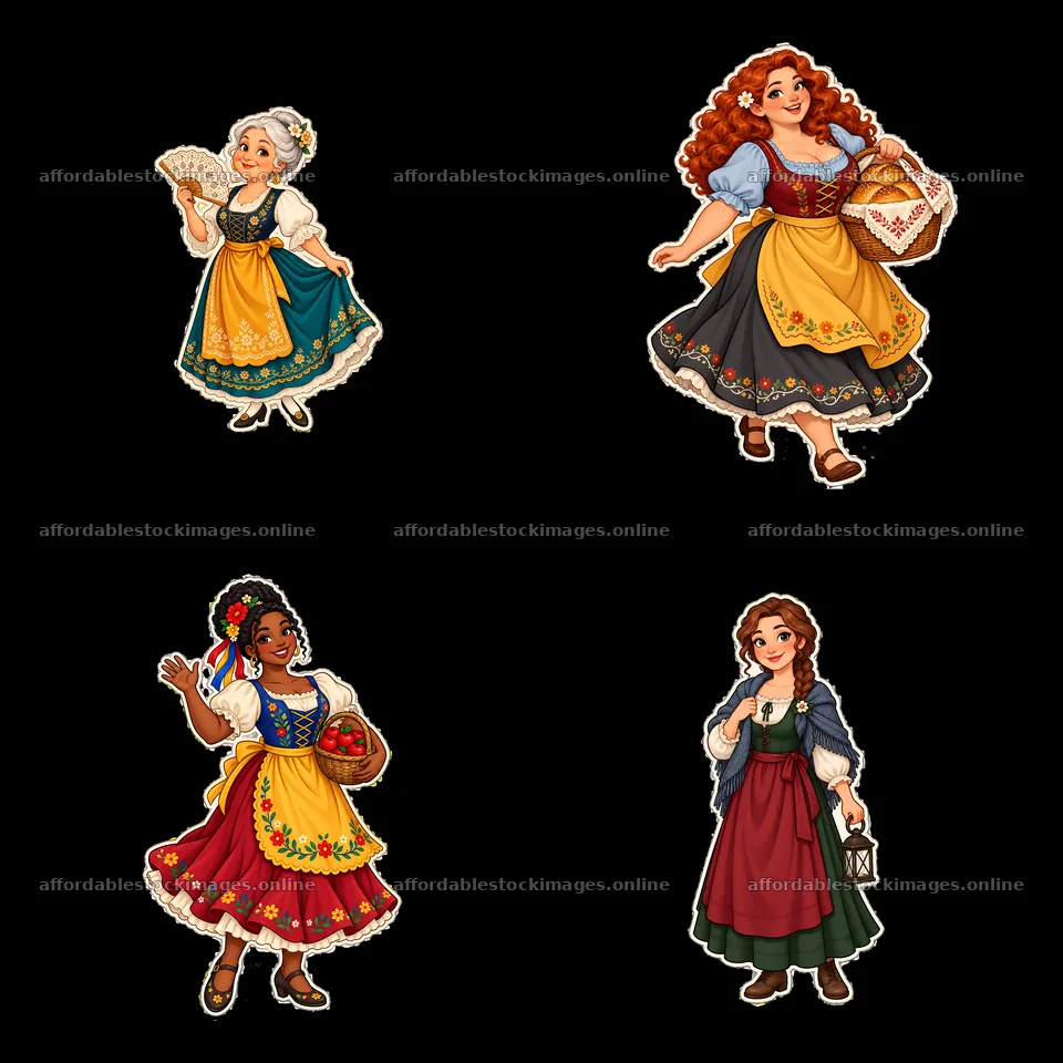Women in traditional folk dress with accessories in a 2x2 layout – stock images 7746x7746