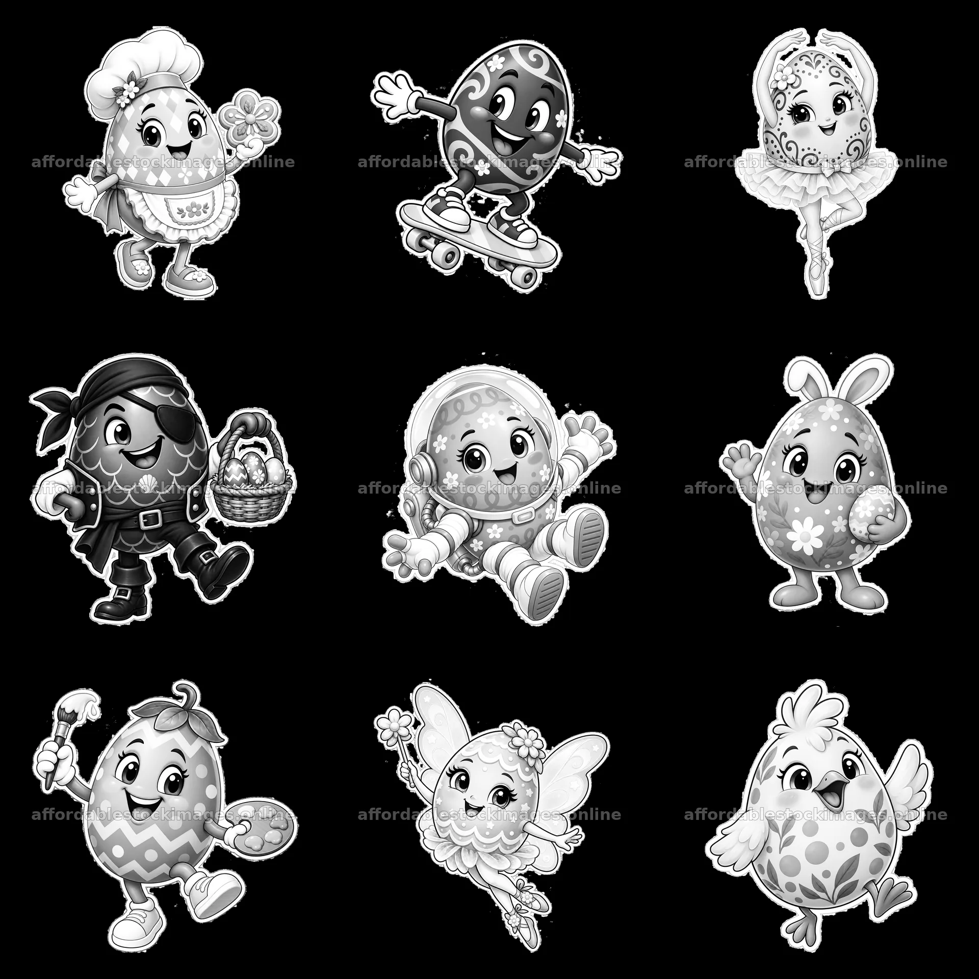 Colorful cartoon characters featuring Easter eggs and activities – stock images 7746x7746