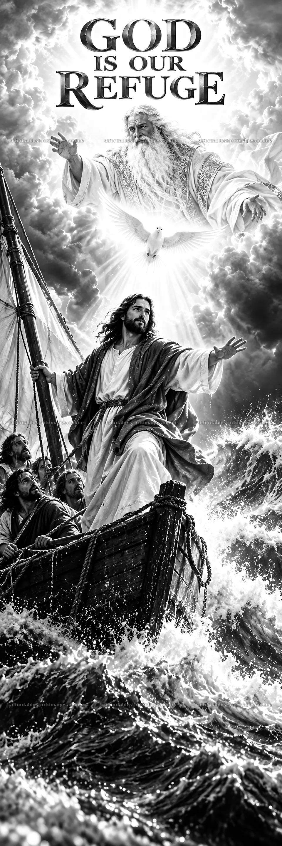 Jesus Christ calming the storm on a turbulent sea – stock images 4472x13417