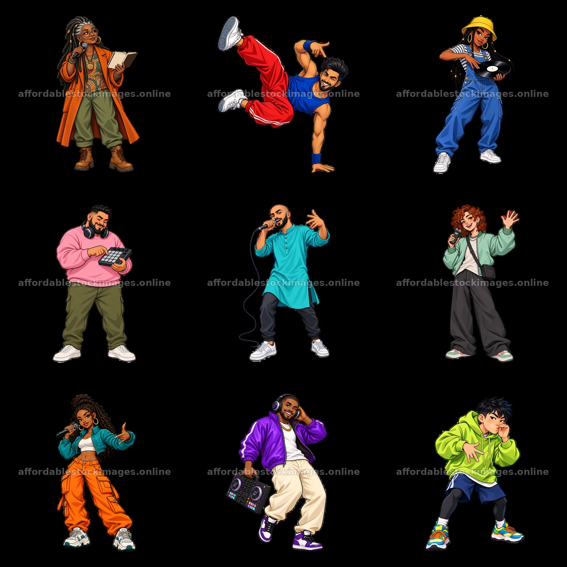 Hip-hop artists in various poses with colorful outfits – stock images 7746x7746