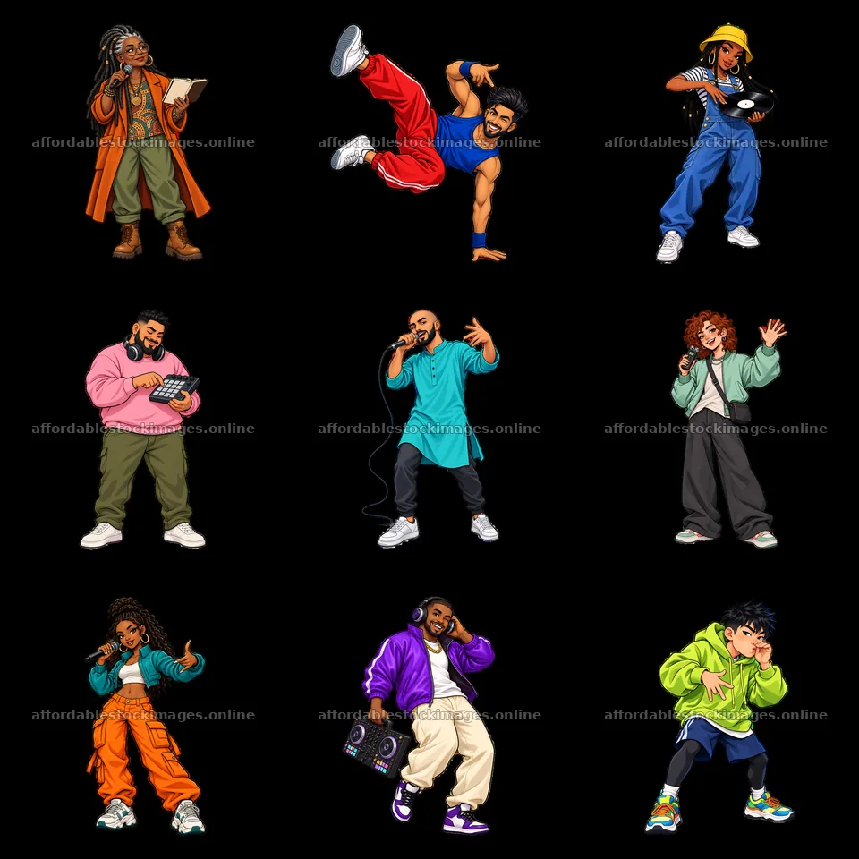 Hip-hop artists in various poses with colorful outfits – stock images 7746x7746