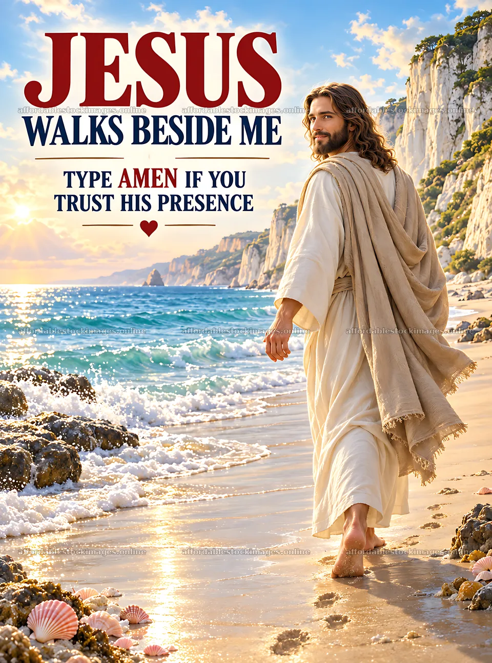 Jesus walks along the shore by rocky cliffs and ocean waves – stock images 6836x9216