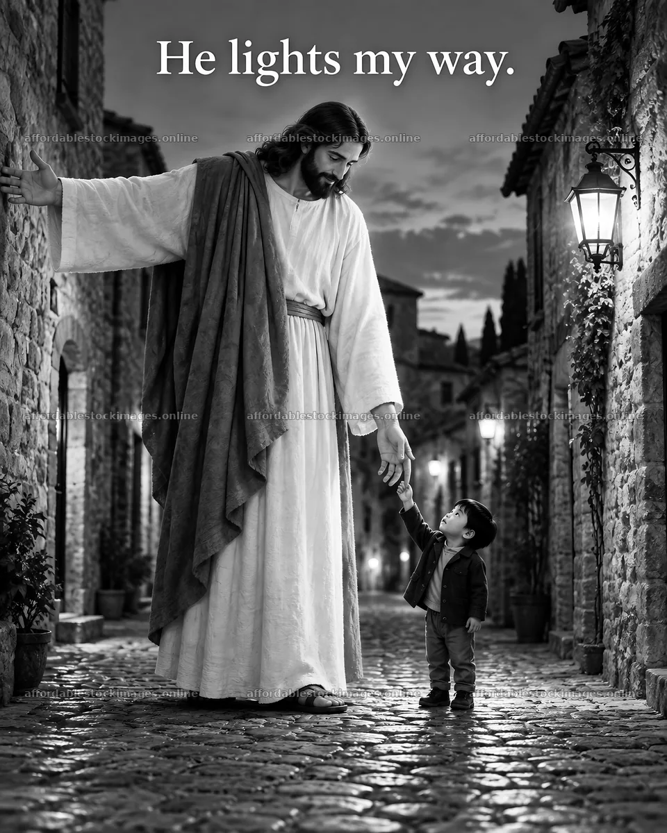 Jesus Christ walks with a child in a quiet street – stock images 6930x8659