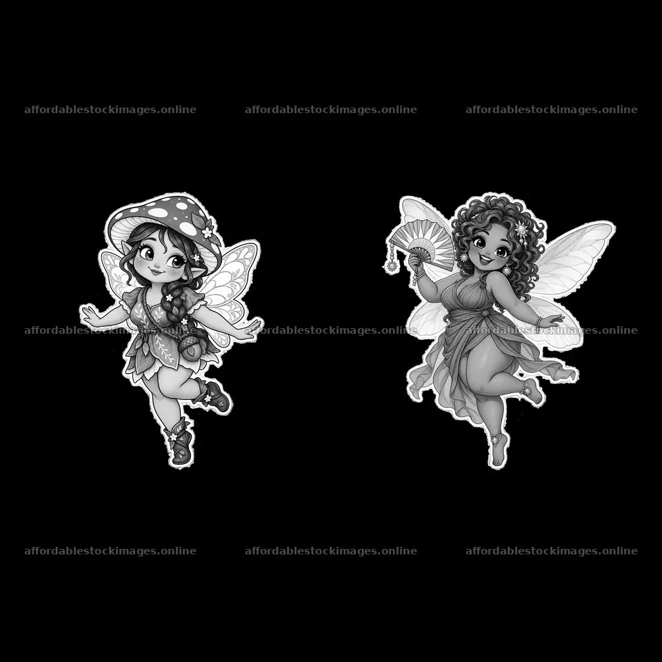 Kawaii chubby fairies playing with accessories in monochrome – stock images 7746x7746
