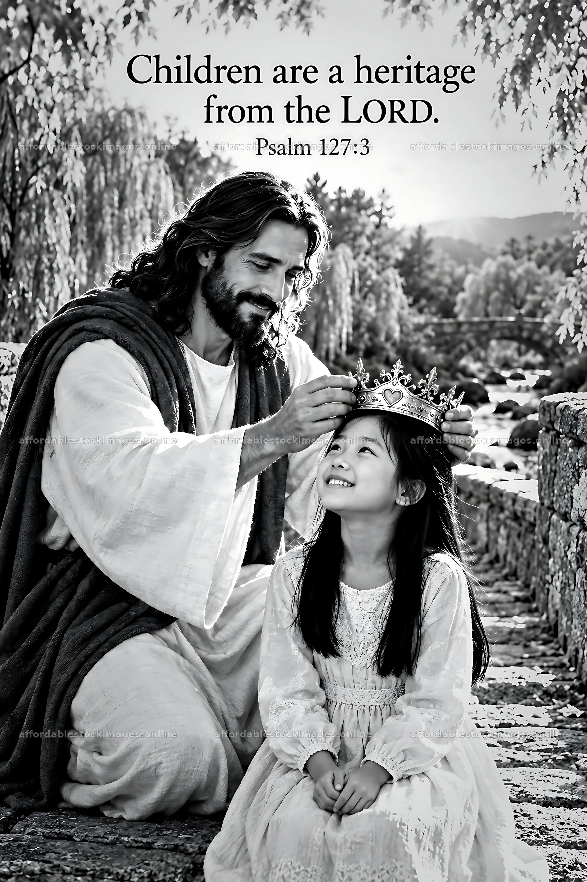 Jesus places a crown on a girl's head by a river – stock images 6480x9722