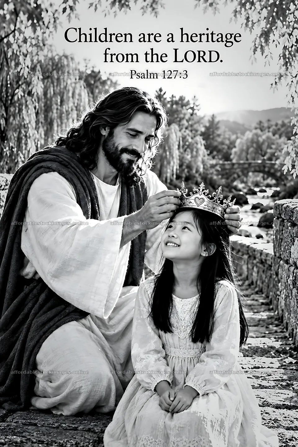 Jesus places a crown on a girl's head by a river – stock images 6480x9722