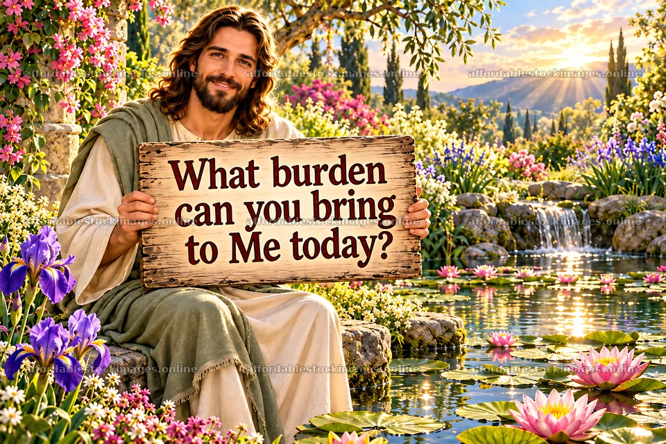 Jesus Christ welcoming burdens in a garden setting – stock images 9487x6325