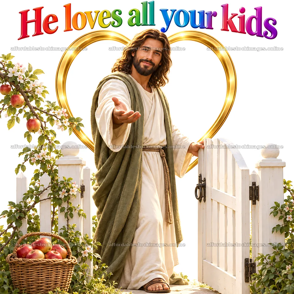 Jesus Christ welcoming children with open arms – stock images 7746x7746
