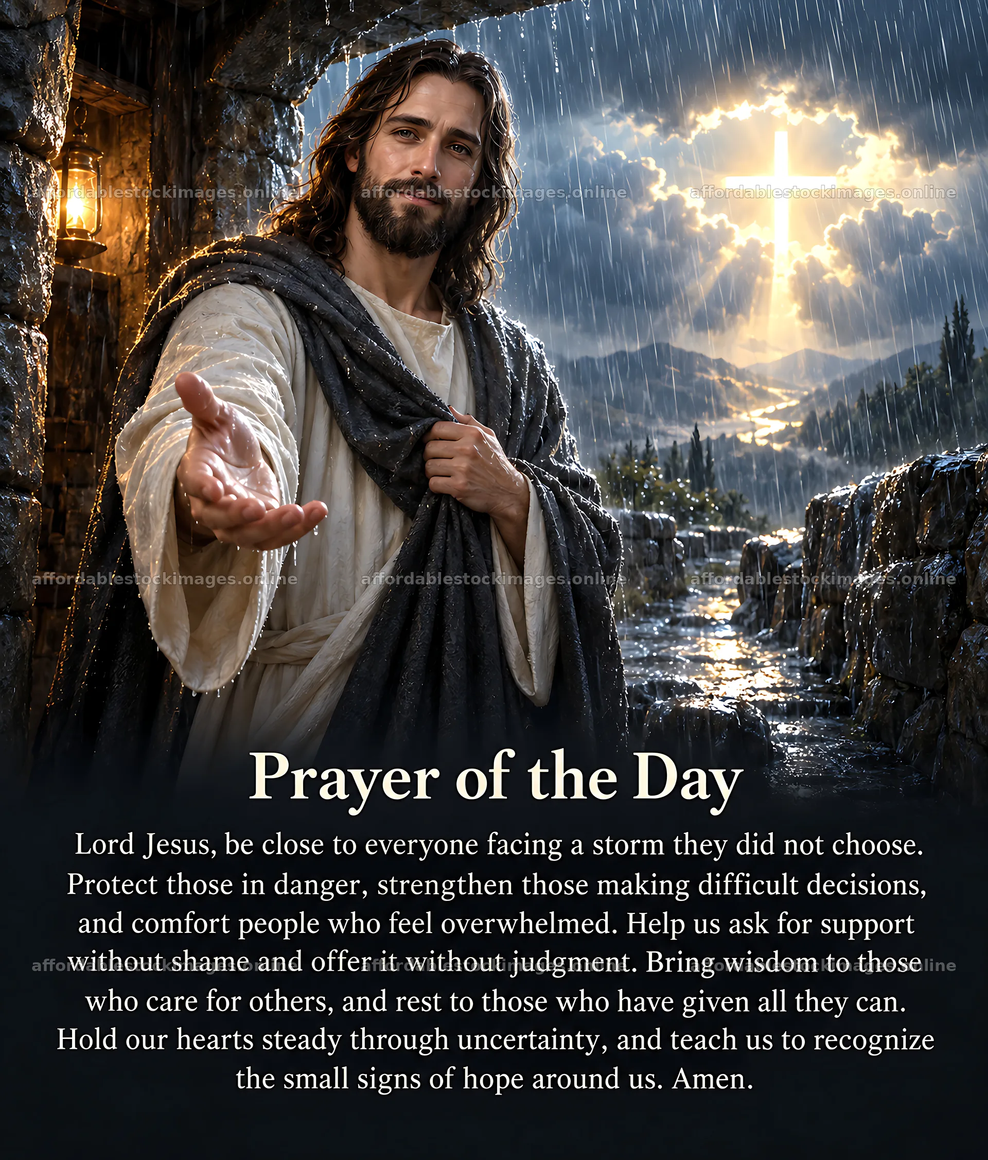 Shelter from the storm with a figure extending a hand – stock images 7326x8598
