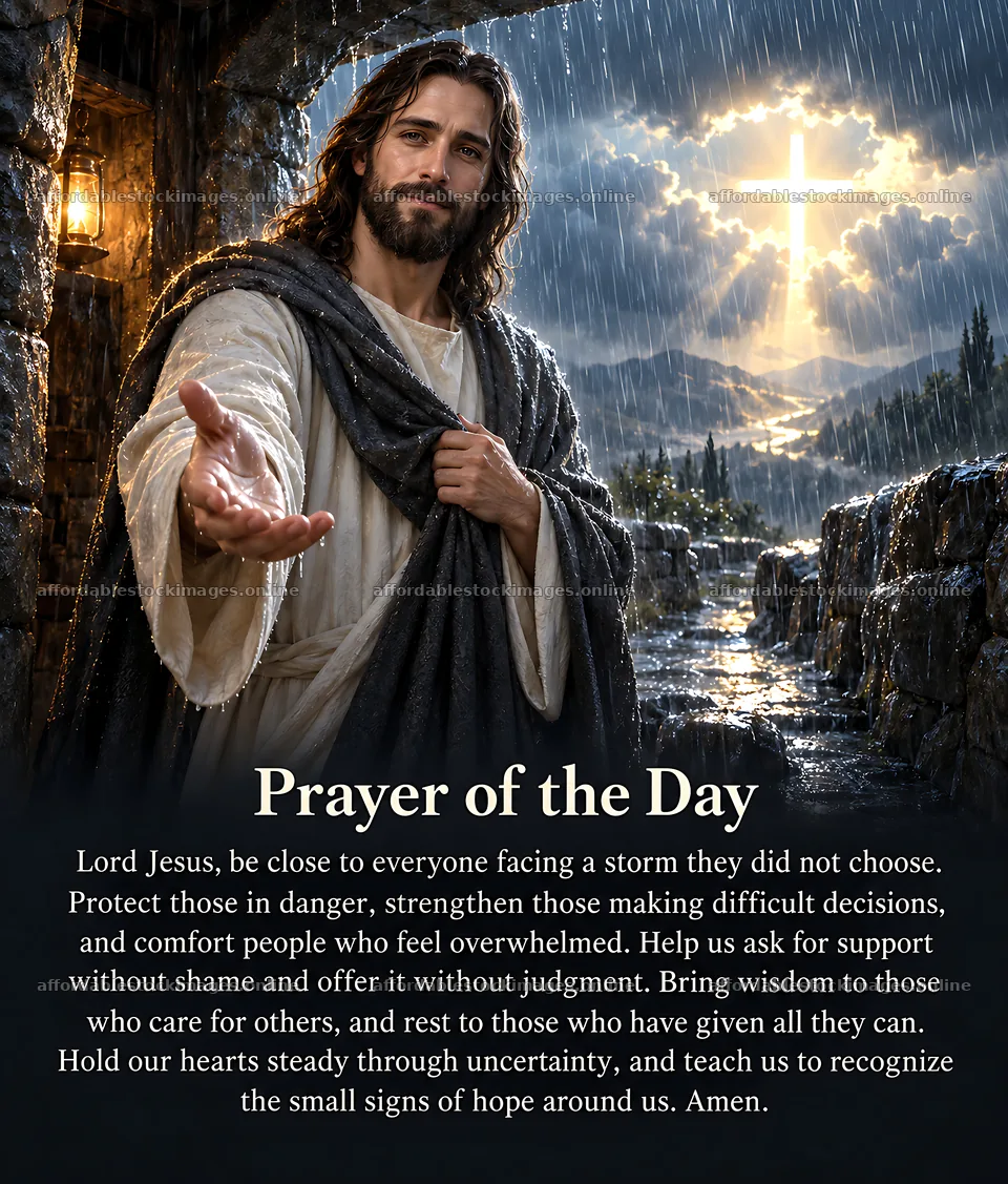 Shelter from the storm with a figure extending a hand – stock images 7326x8598