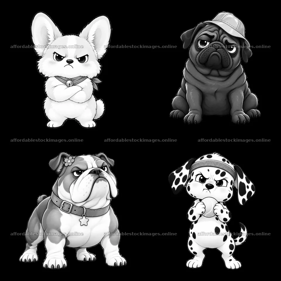 Kawaii grumpy dog sticker set with different breeds in black – stock images 7746x7746