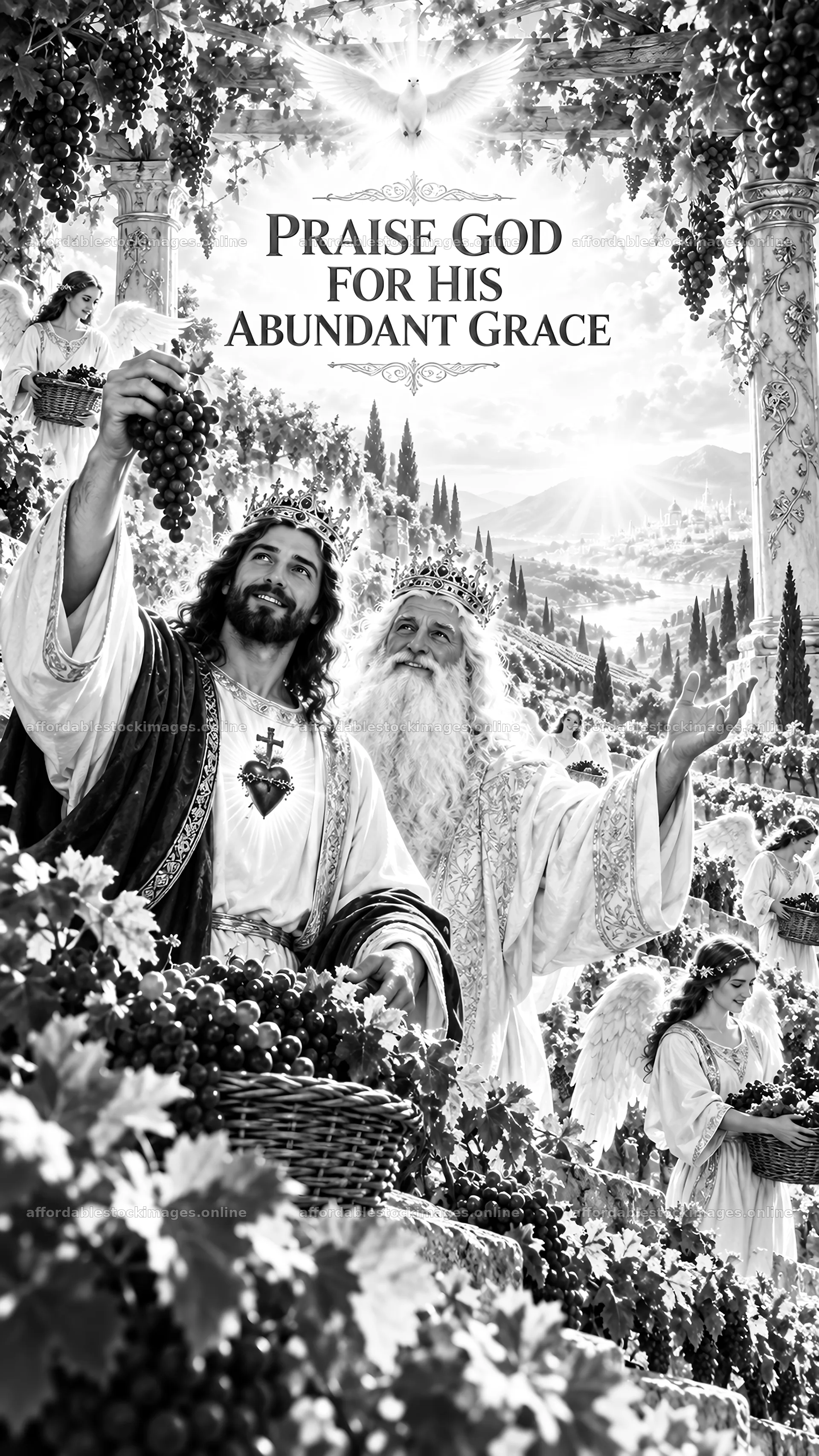 Jesus Christ celebrating with angels in a vineyard – stock images 5811x10326