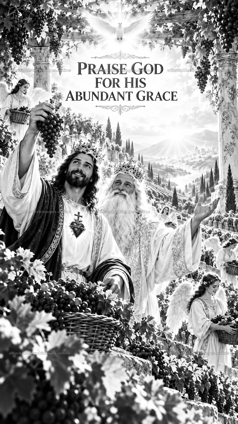 Jesus Christ celebrating with angels in a vineyard – stock images 5811x10326