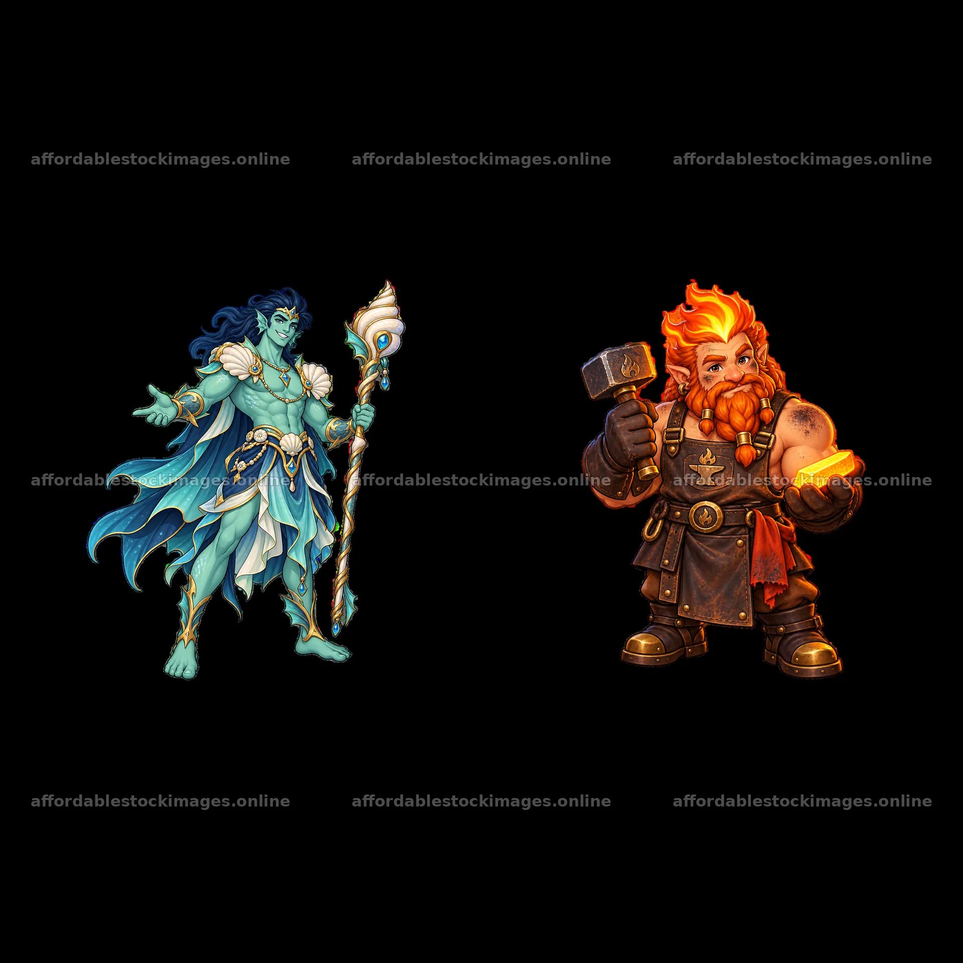 Two cartoon pagan gods with staff and hammer in dynamic poses – stock images 7746x7746