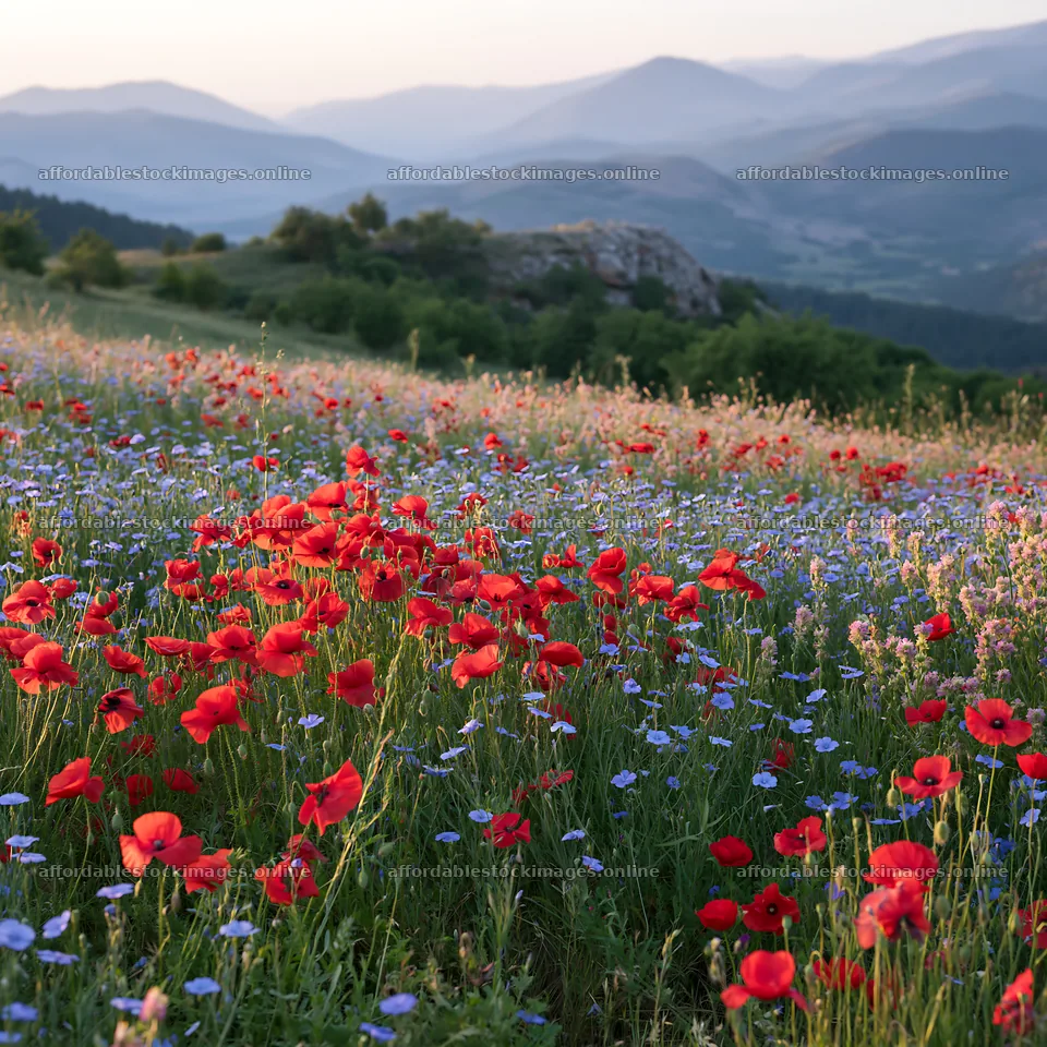Poppy and flax flowers in a meadow at sunset – stock images 7938x7938