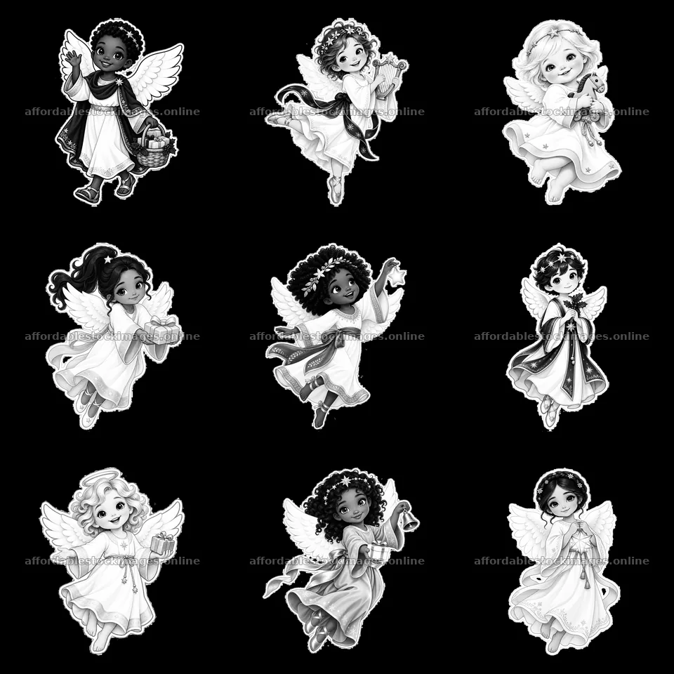Christ Child figures with gifts and actions in a 3x3 layout – stock images 7746x7746