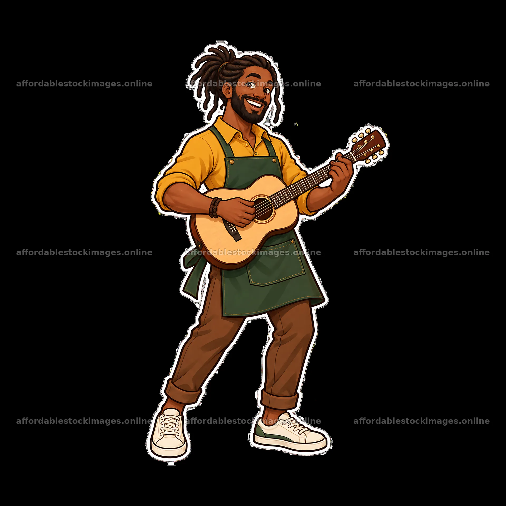 Man playing guitar and smiling while wearing an apron – stock images 7746x7746