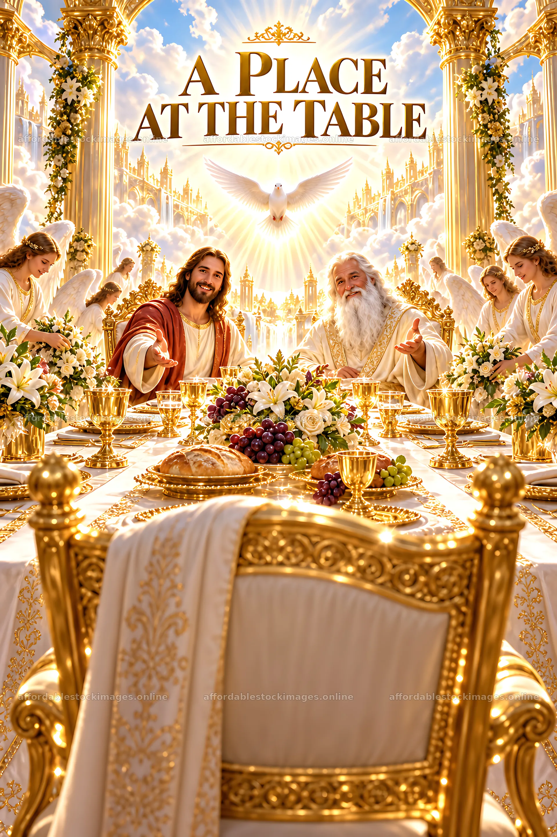Heavenly banquet with Jesus and God surrounded by angels – stock images 6480x9722
