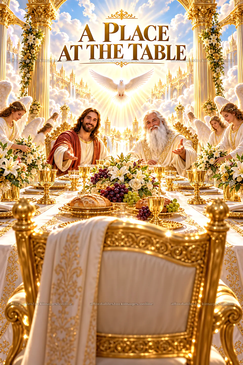 Heavenly banquet with Jesus and God surrounded by angels – stock images 6480x9722
