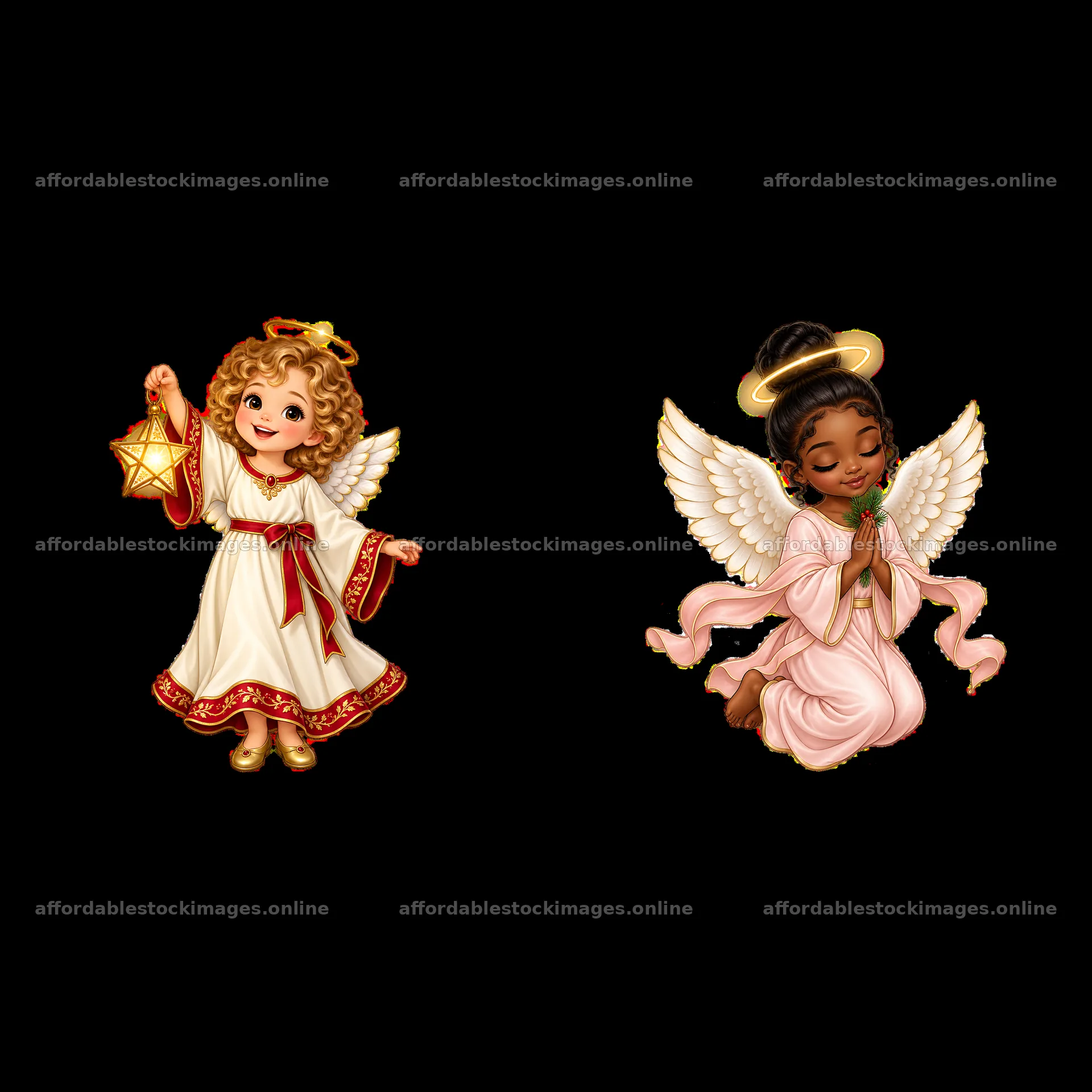 Two Christmas angels holding a star and praying – stock images 7746x7746