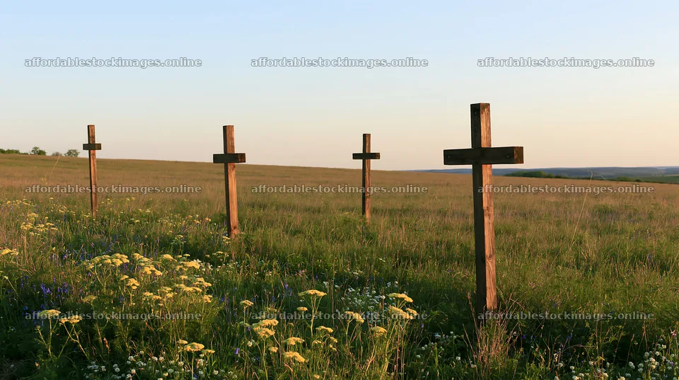 Four wooden crosses in a grassy meadow during sunset – stock images 10608x5938