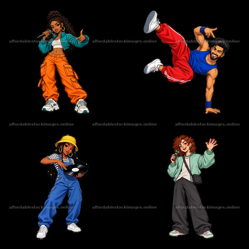 Hip-hop artists performing and showcasing their style in a grid – stock images 7746x7746