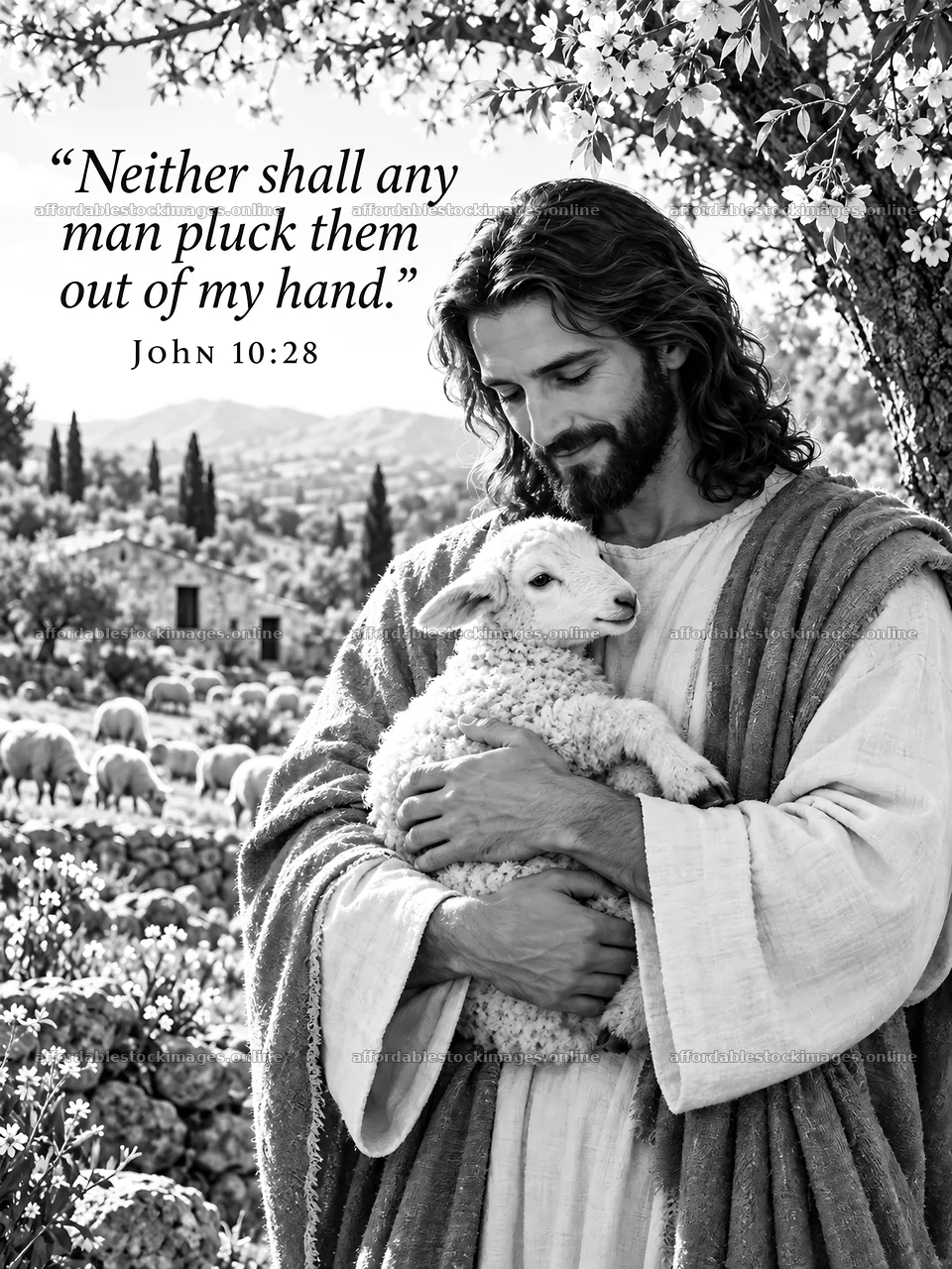Jesus Christ holding a lamb in a pastoral setting – stock images 6708x8945