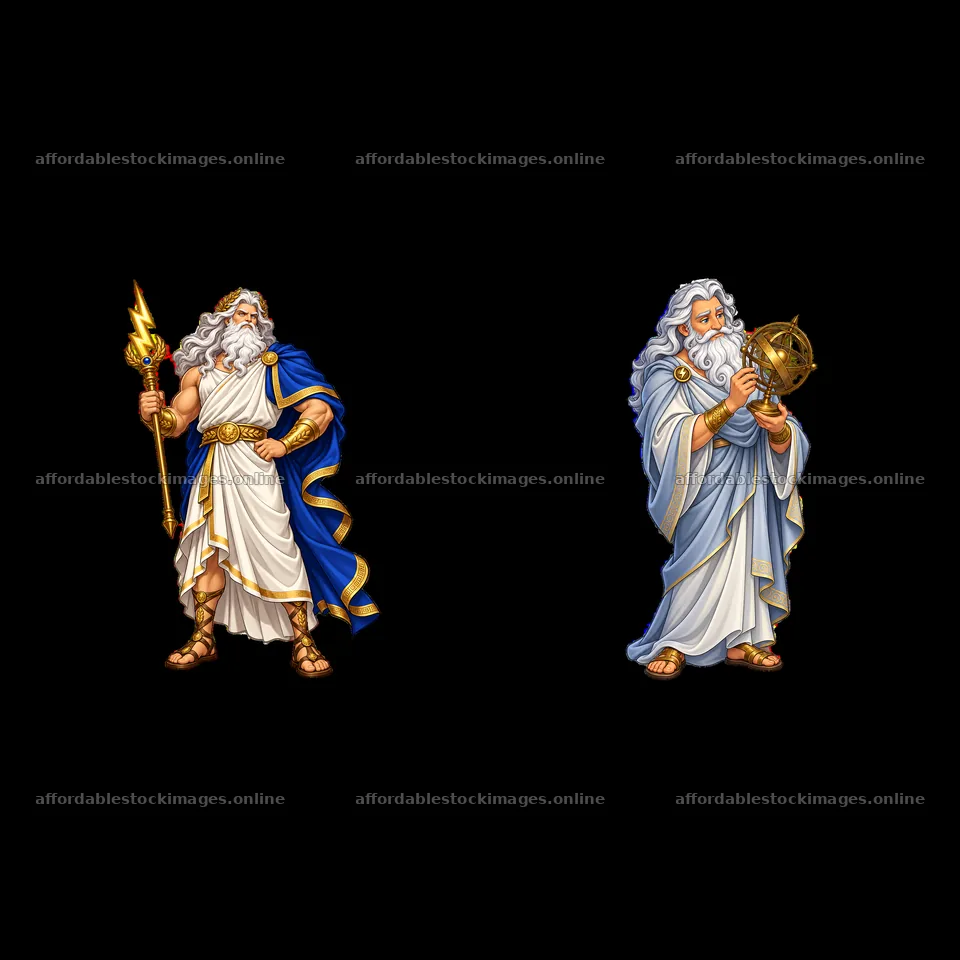 Zeus with lightning bolt and globe in two cartoon sticker – stock images 7746x7746