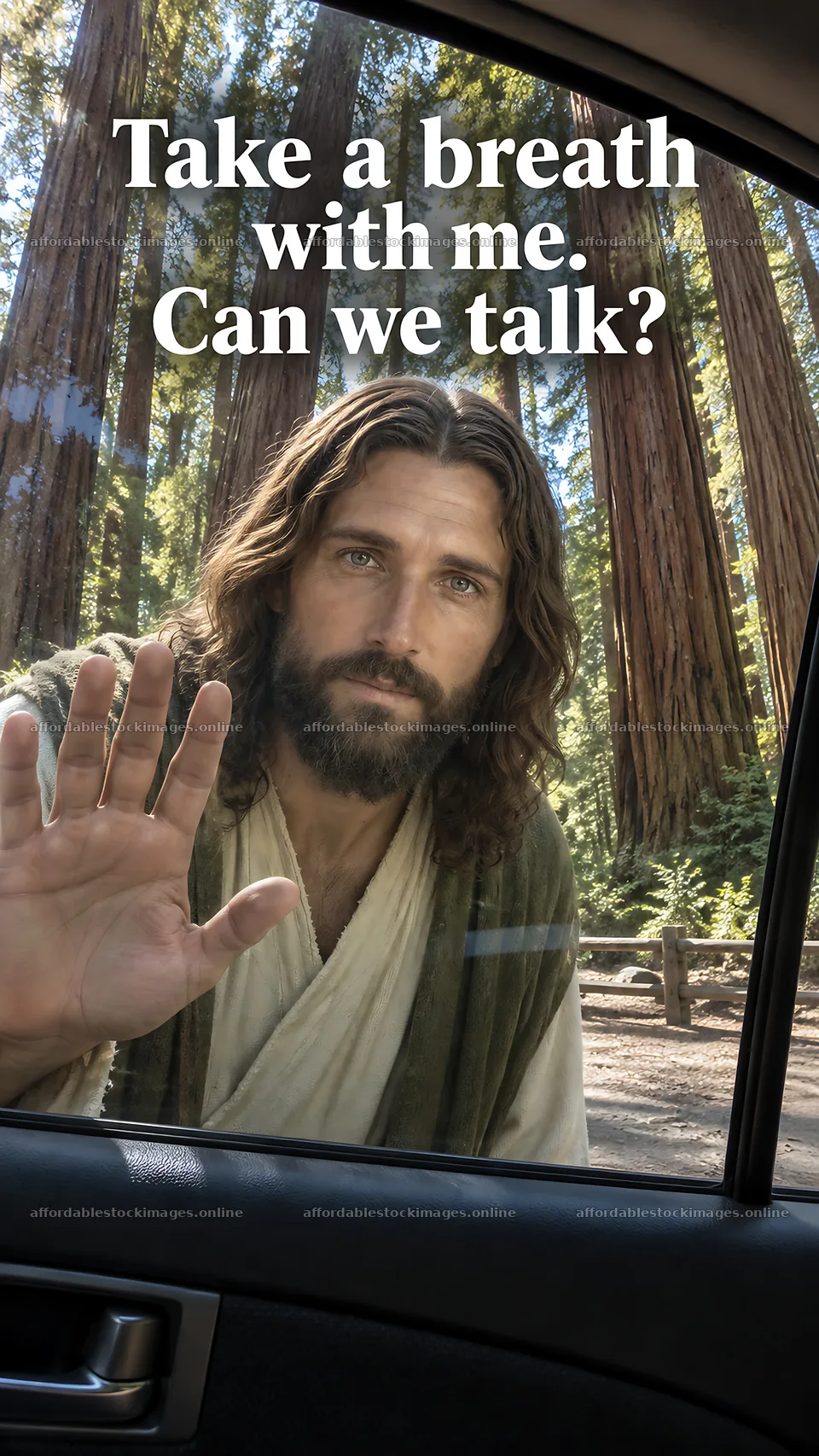 Jesus Christ inviting a conversation through a car window – stock images 5811x10326