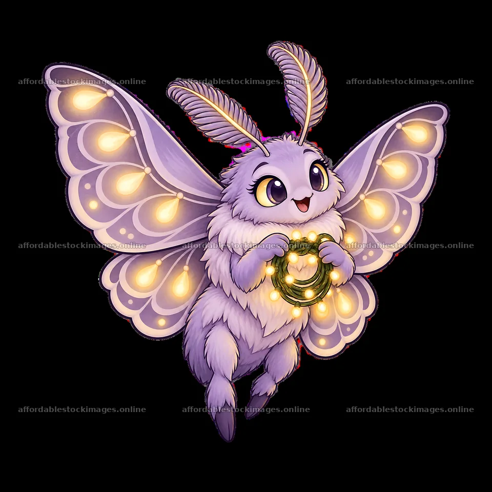 Cute purple moth character holding glowing string lights – stock images 7746x7746