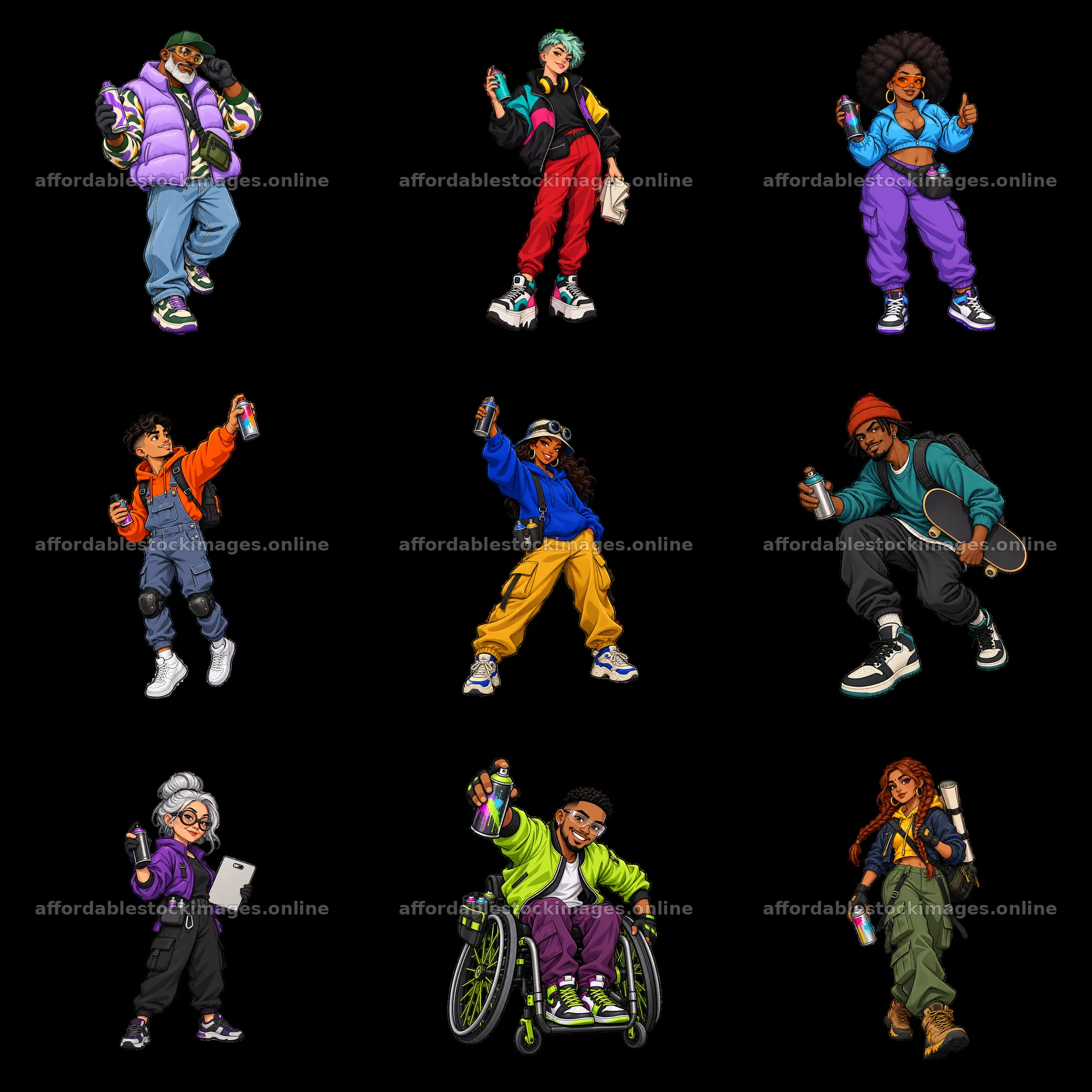 Streetwear characters in urban graffiti action in a 3x3 layout – stock images 7746x7746