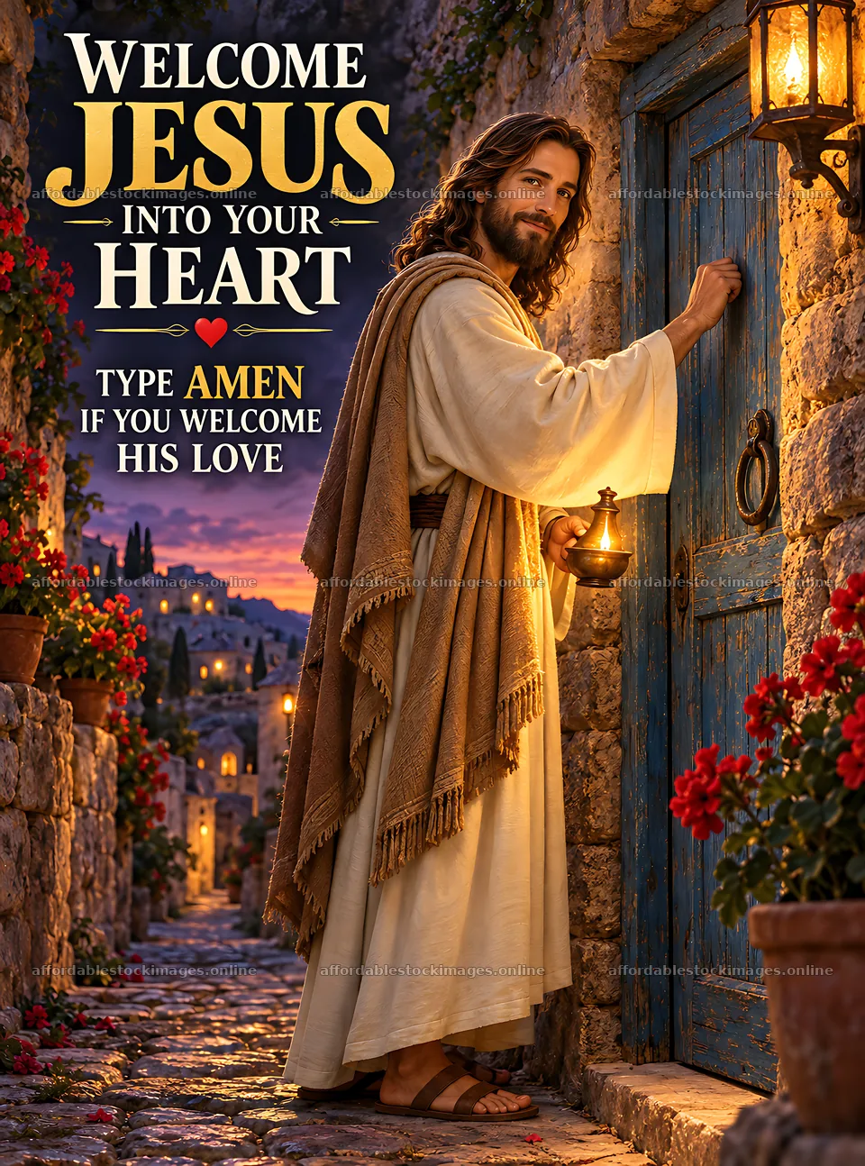 Jesus at the door in a quiet village setting – stock images 6836x9216