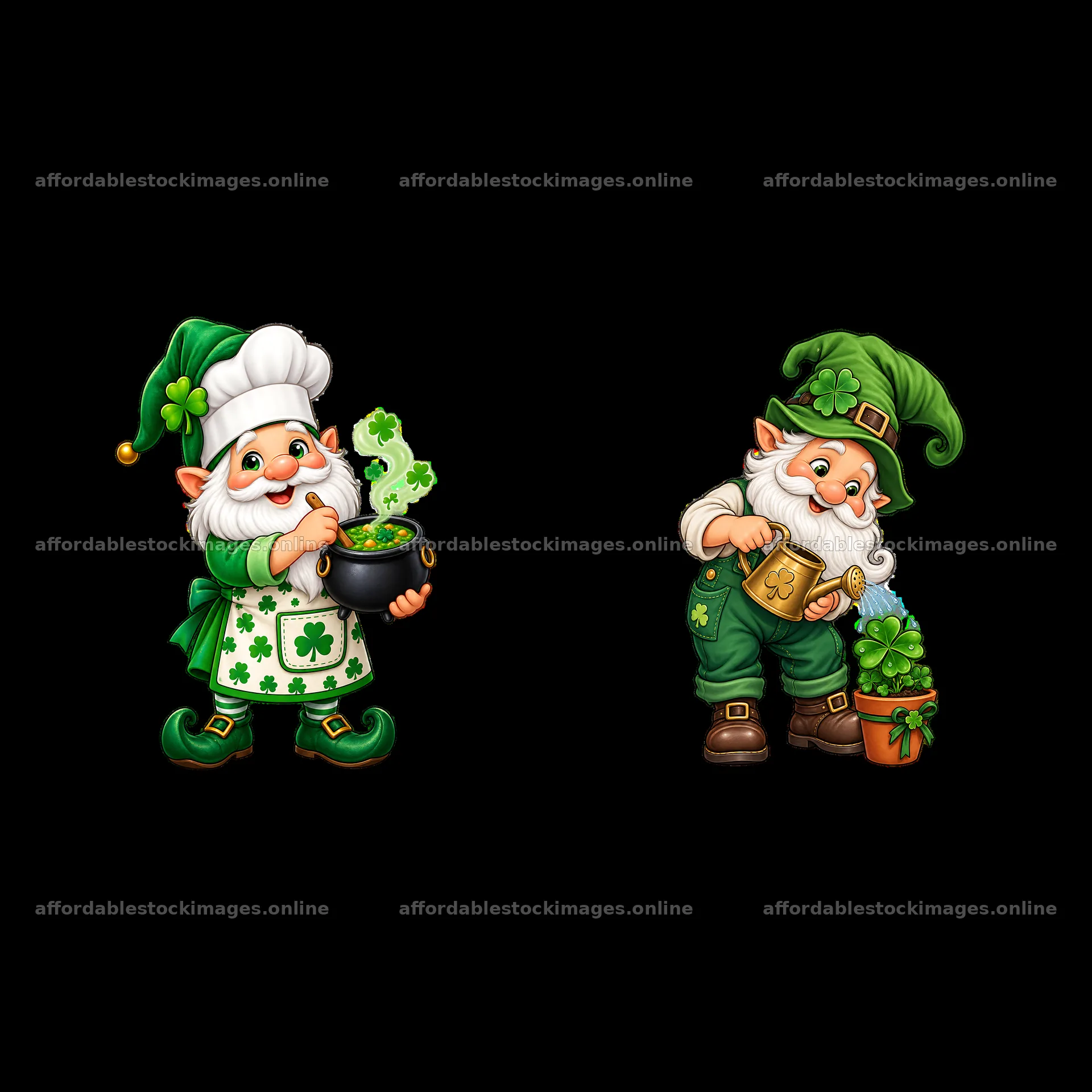 St. Patrick's Day gnomes holding a pot of gold and a plant – stock images 7746x7746