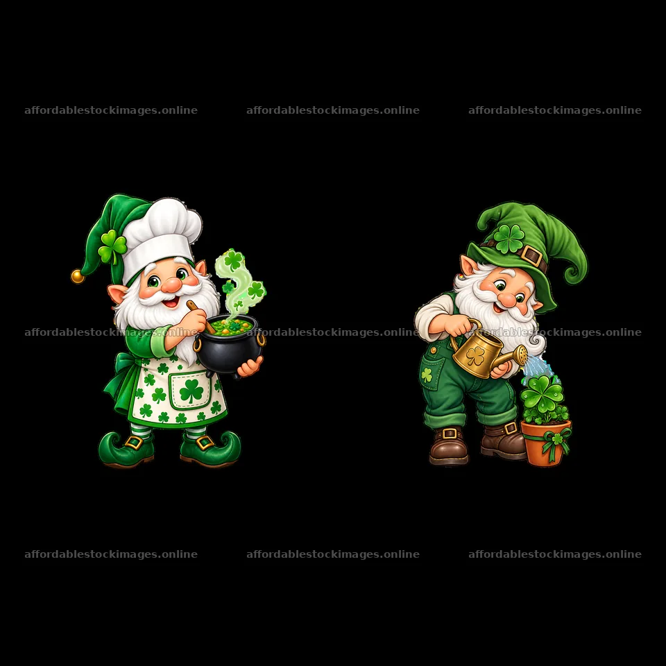 St. Patrick's Day gnomes holding a pot of gold and a plant – stock images 7746x7746