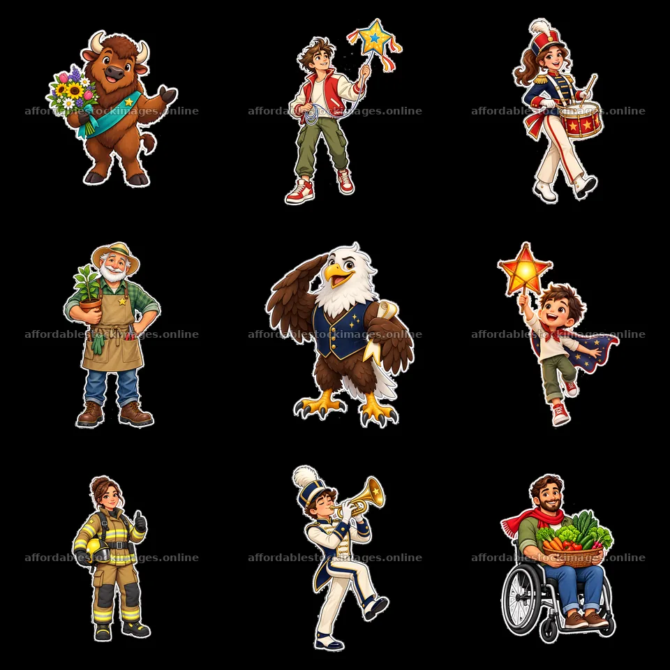 Patriotic characters celebrating in a cheerful 3x3 cartoon – stock images 7746x7746