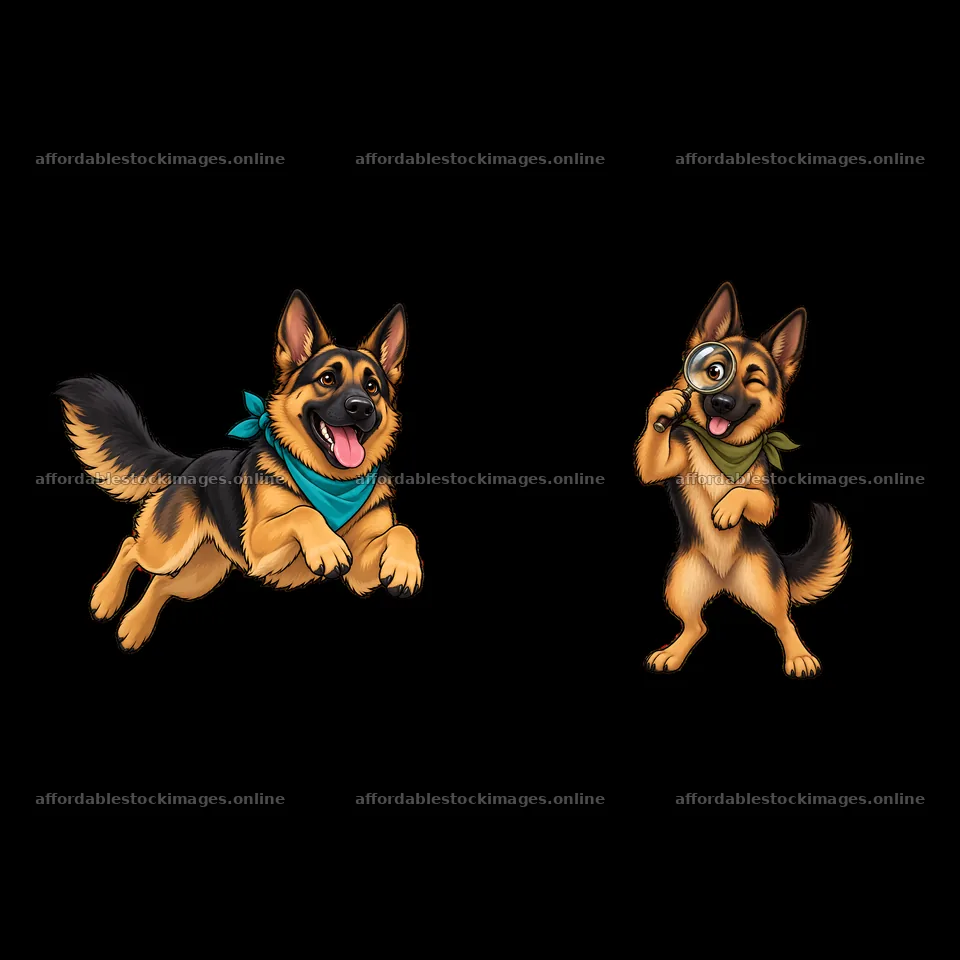 Two playful German Shepherd dogs with bandanas in illustration – stock images 7746x7746