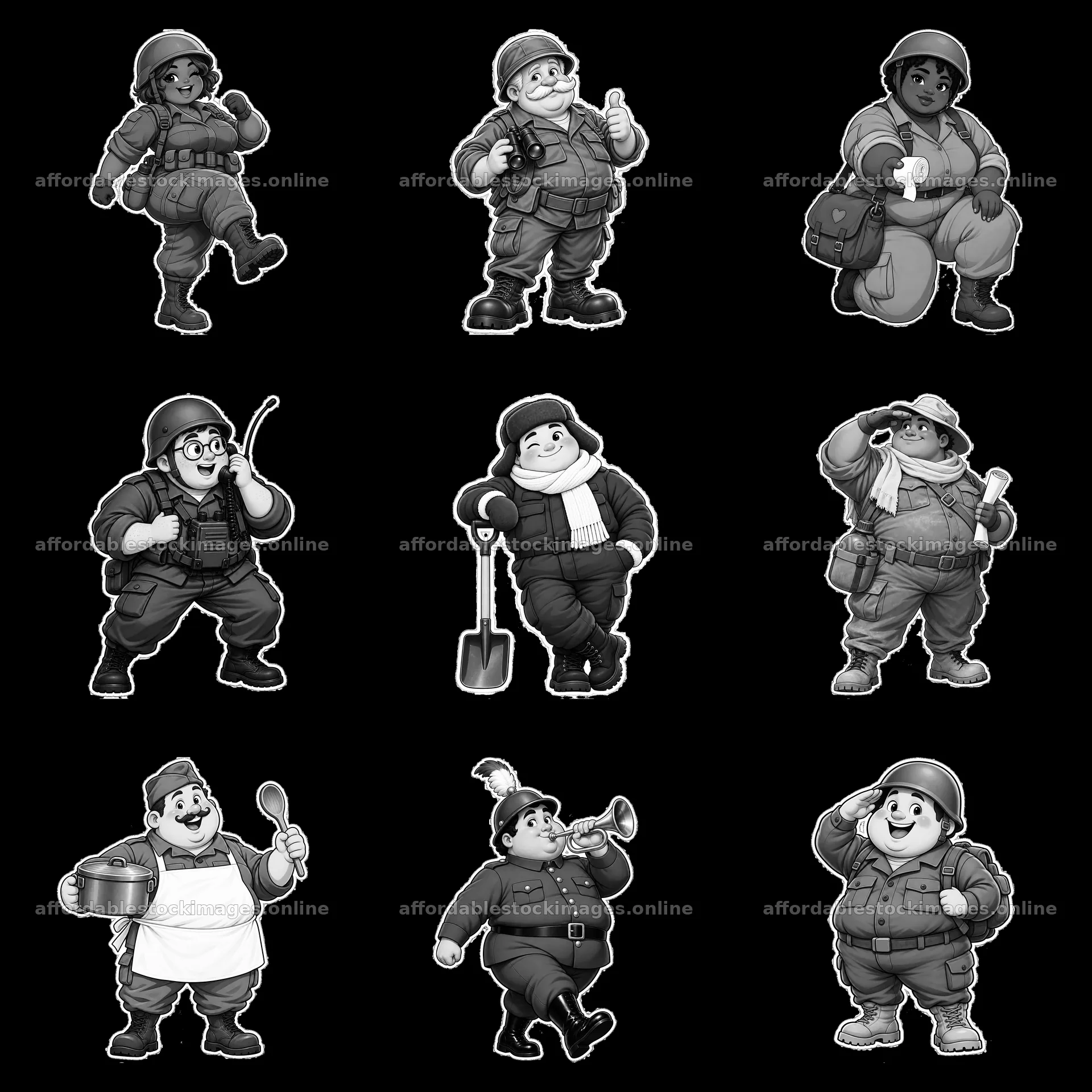 Cute chubby soldiers in playful poses and accessories – stock images 7746x7746