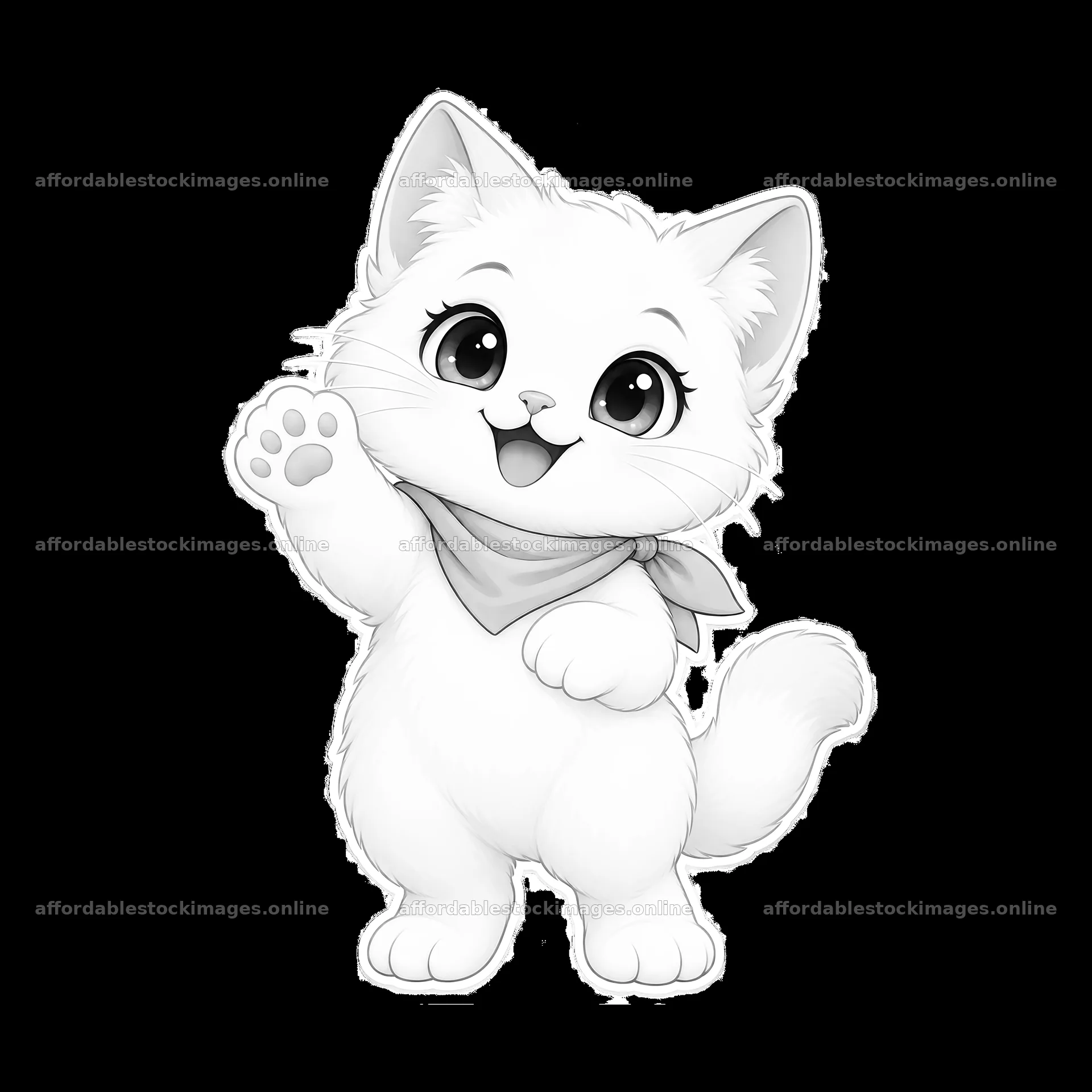 Kawaii cat waving with bandana in monochrome illustration – stock images 7746x7746