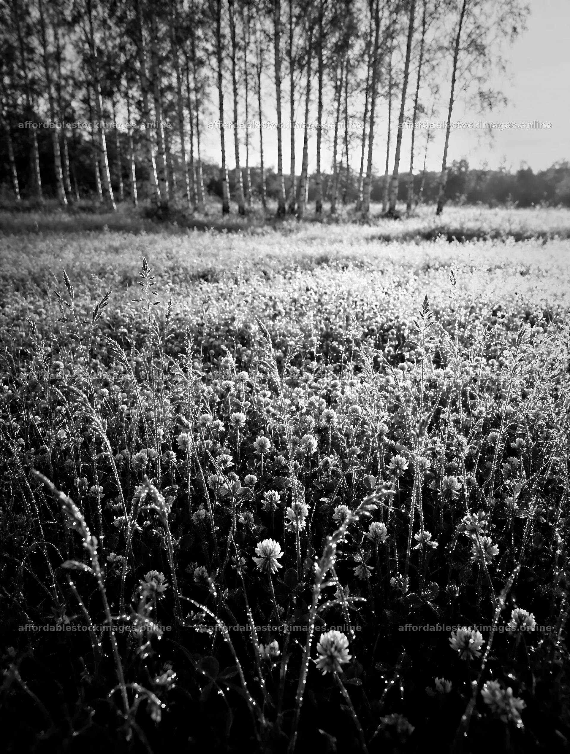 Clover speedwell meadow with dew and birch trees in the – stock images 6898x9134