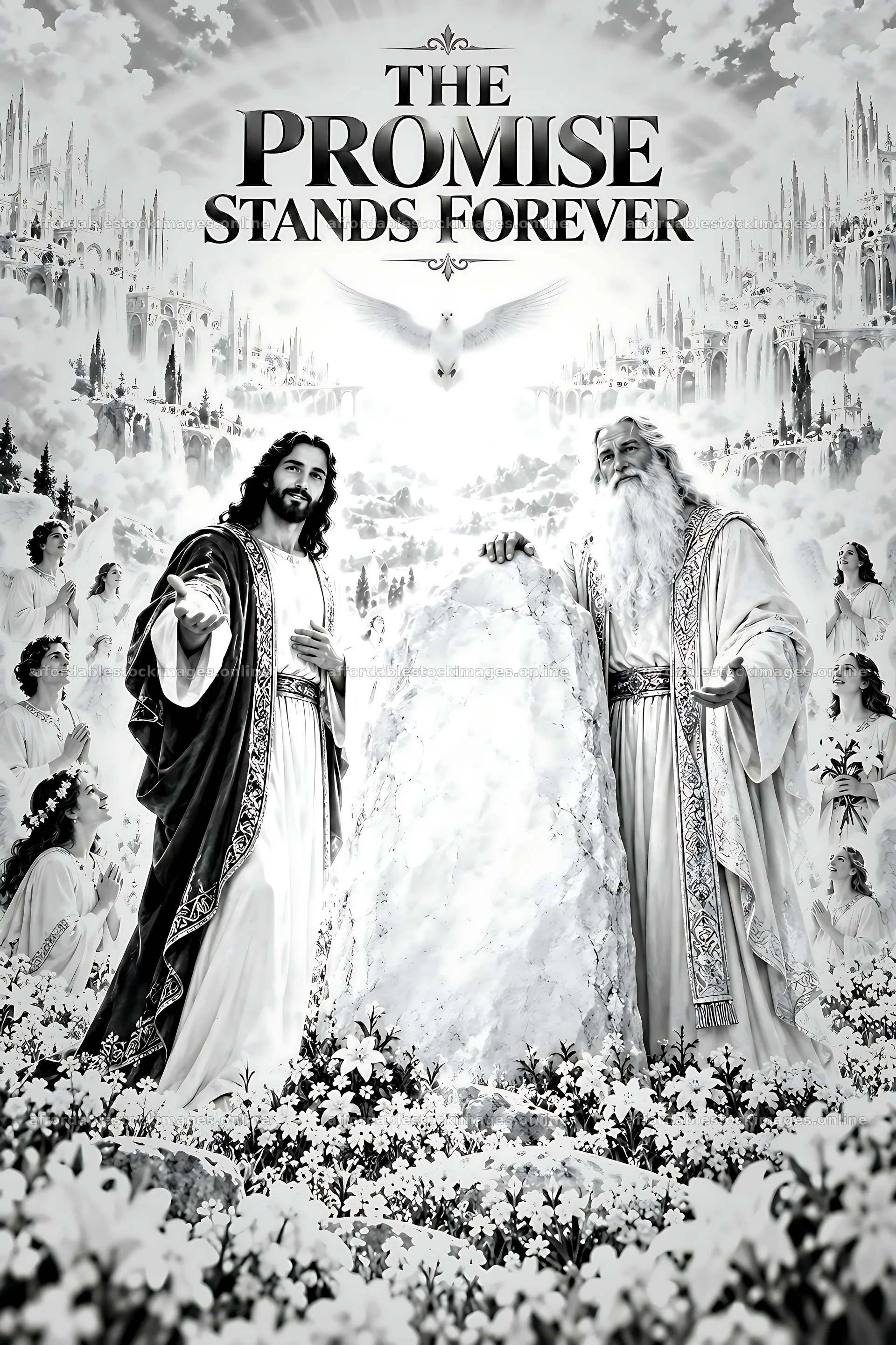 Promise stands forever with figures in a heavenly landscape – stock images 6480x9722