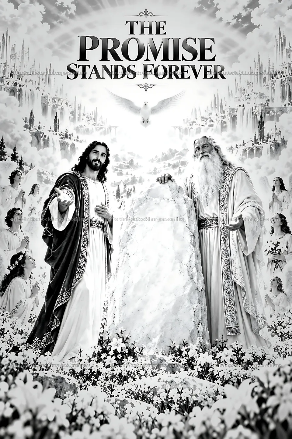 Promise stands forever with figures in a heavenly landscape – stock images 6480x9722
