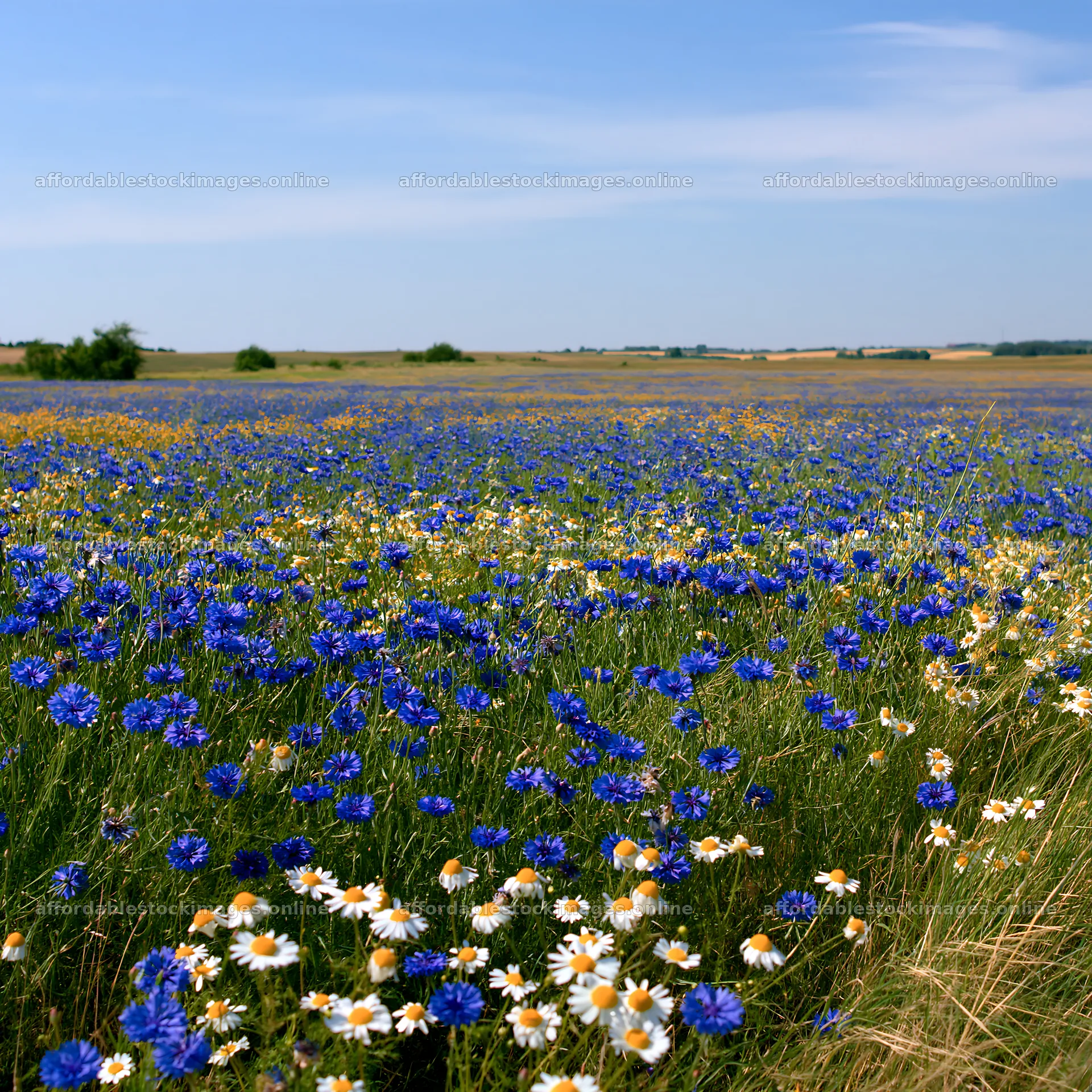 Colorful cornflower meadow with daisies under a clear sky – stock images 7938x7938