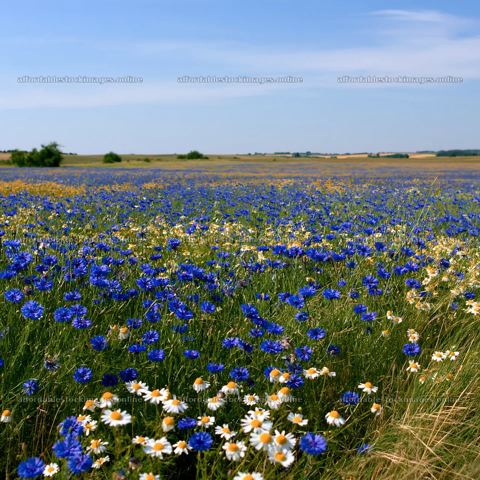 Colorful cornflower meadow with daisies under a clear sky – stock images 7938x7938