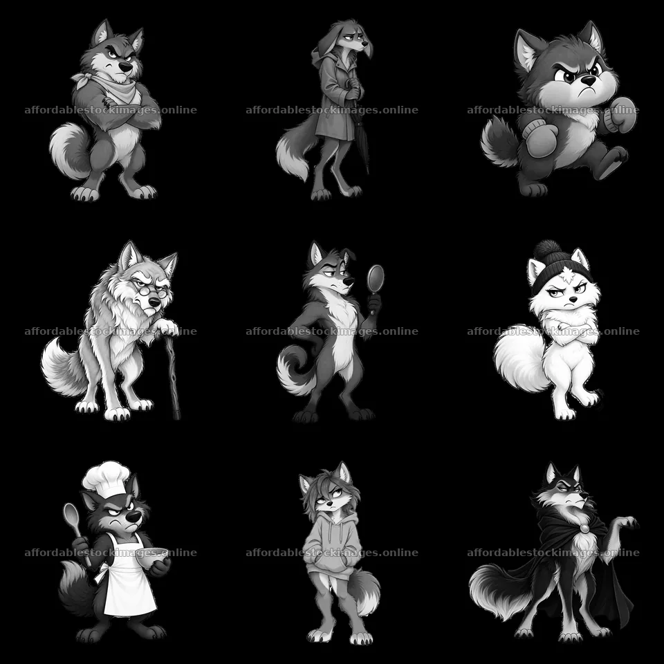 Grumpy wolf characters in a 3x3 arrangement – stock images 7746x7746