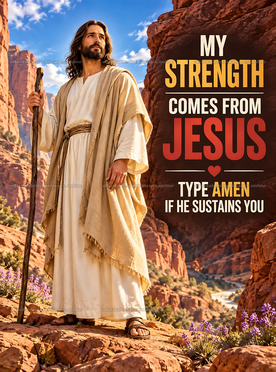 Strength in the wilderness with a figure holding a staff – stock images 6836x9216