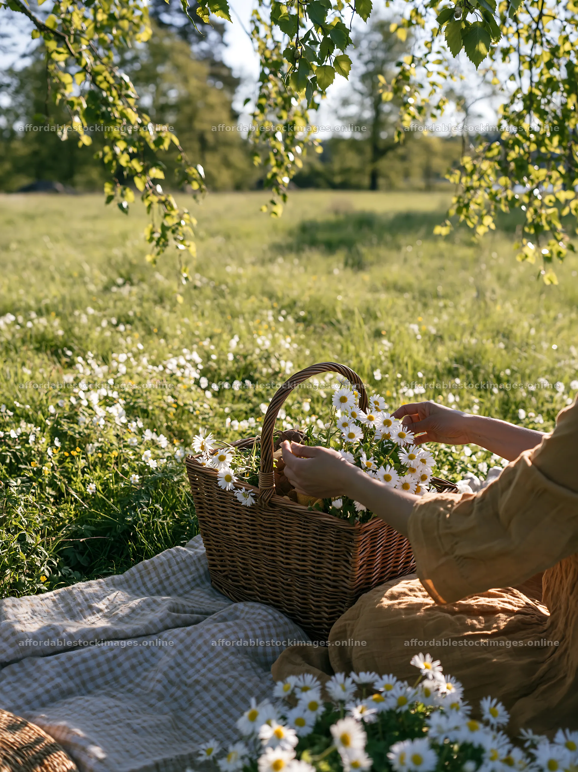 Gathering flowers in a meadow with an easter basket – stock images 6866x9174